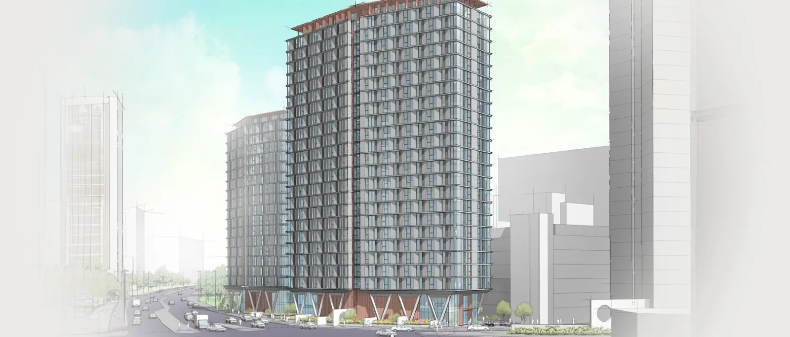 A digital rendering of a tall, modern high-rise building with a glass facade and red, angled columns at the base. The building has a curved shape and is situated on a city street with cars and pedestrians. Surrounding it are other tall buildings, with a bright blue sky and light clouds overhead.